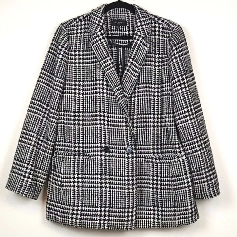 Talbot's Houndstooth Plaid Double Breasted Wool Blend Coat